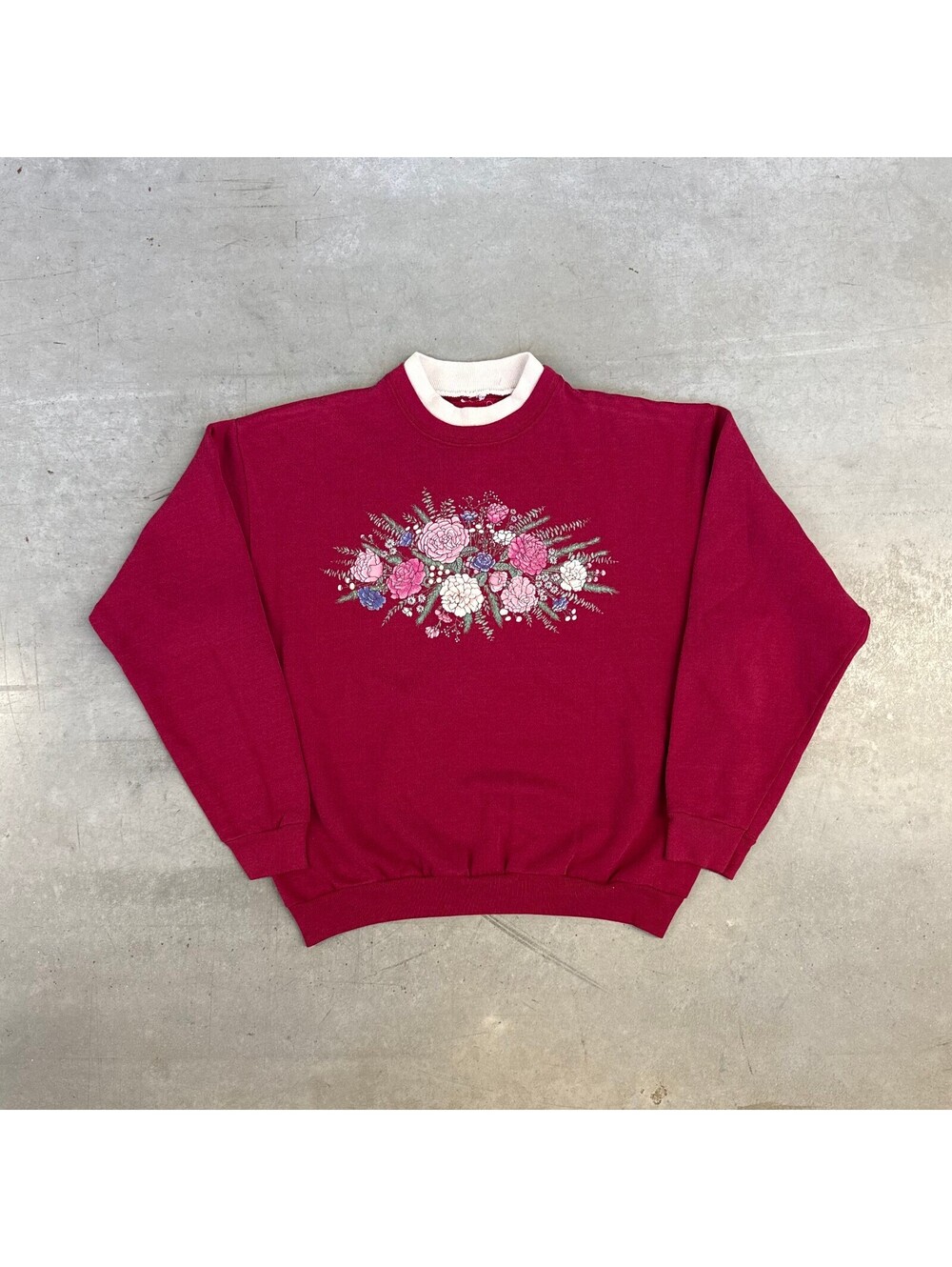 Vintage 90s Floral Graphic Double Collar Sweatshirt Red Medium